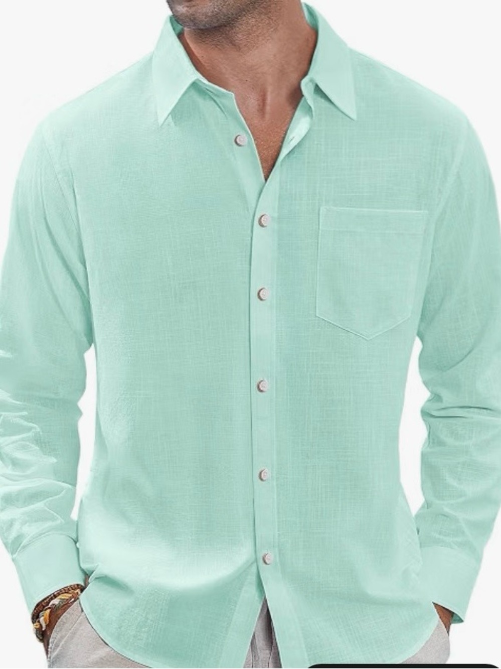 Men’s Sea Green Linen Long Sleeve Button Down Shirt – Size M